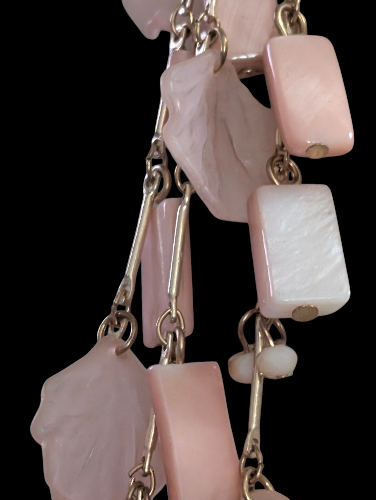 Multi Strand Pink Petal Shell Cascade Necklace Gold Tone Layered Waterfall Bib
