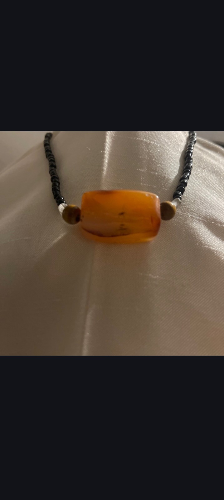 Black Beaded Ball Chain Necklace w/ Orange Rectangle Pendant Charm, Stone Glass