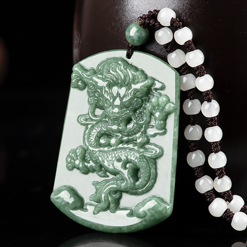 Natural Grade A Jade Jadeite Lucky Men Women Gift Zodiac Dragon Oblong Pendant