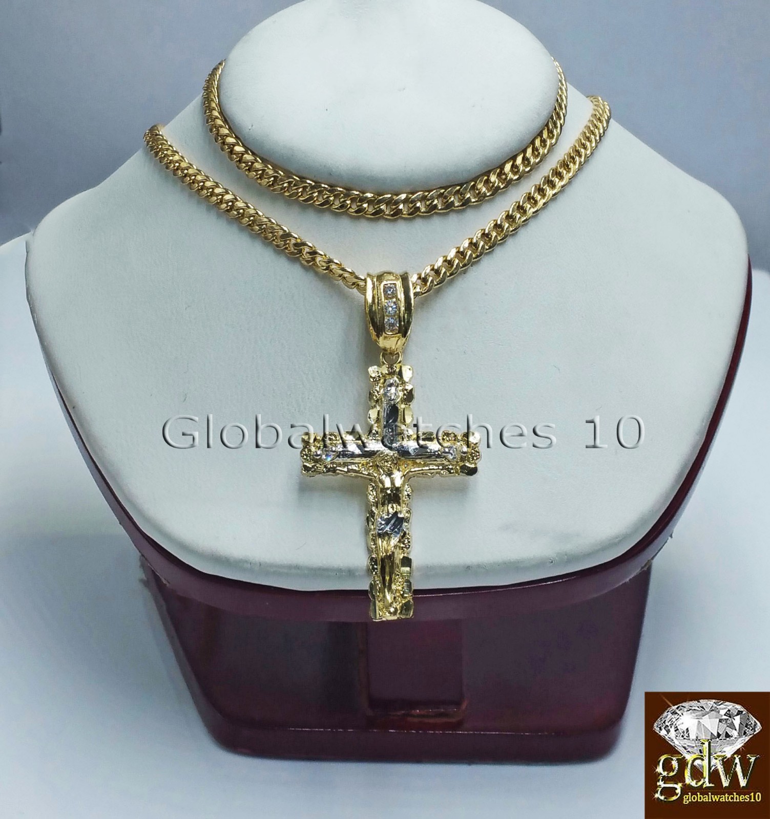 Real 10k Yellow Gold Jesus Cross Charm Pendant 18″ Miami Cuban Link Chain SET