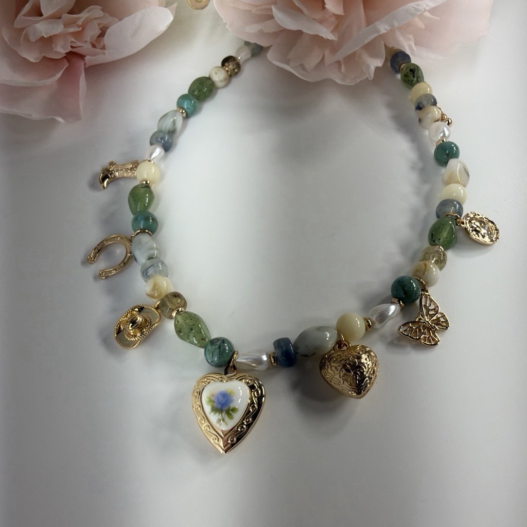 Multicolor Beaded Charm Necklace Heart Locket Pendant Butterfly Western Theme