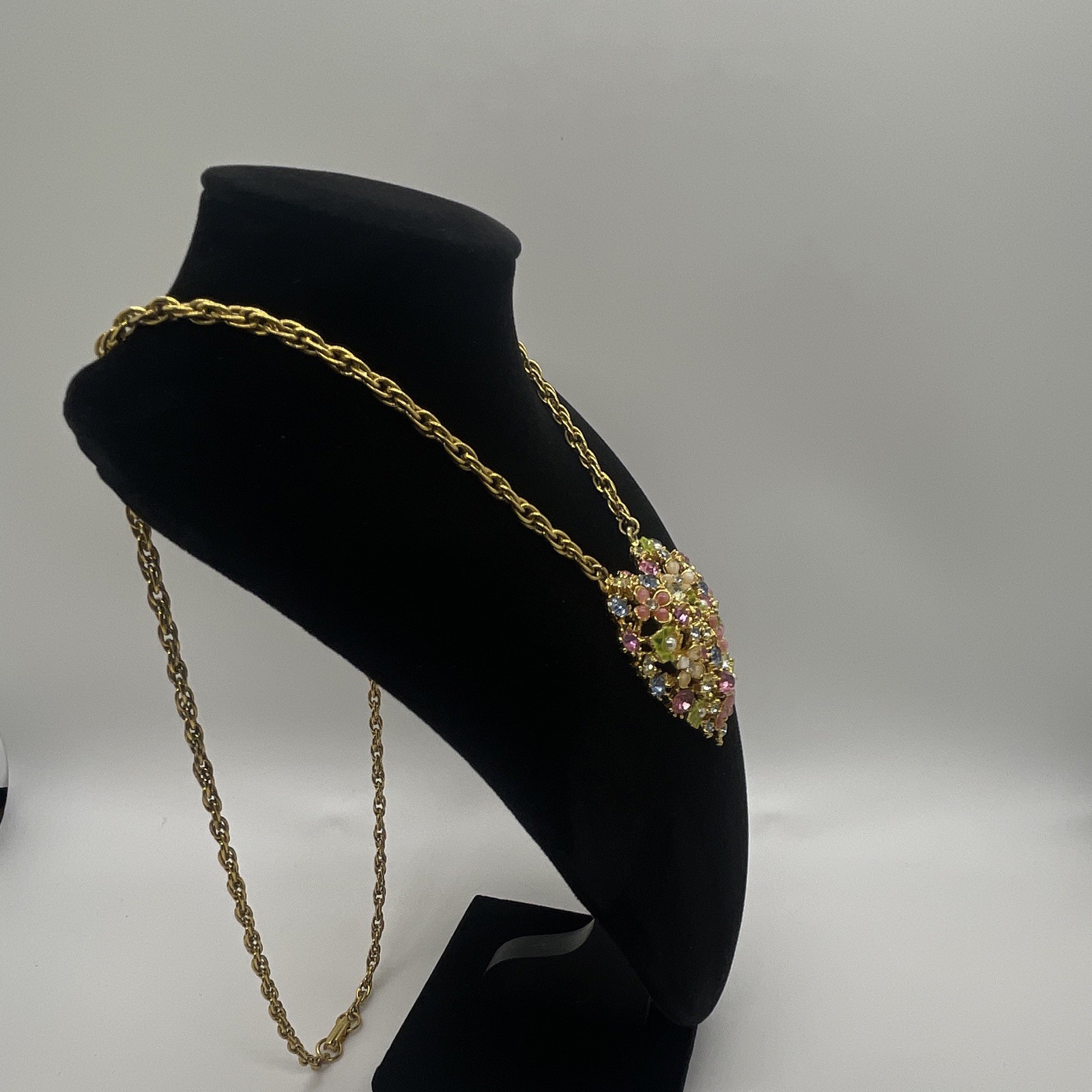 Vintage Arthur Pepper ART Floral Heart Rhinestone Necklace Signed Gold Tone