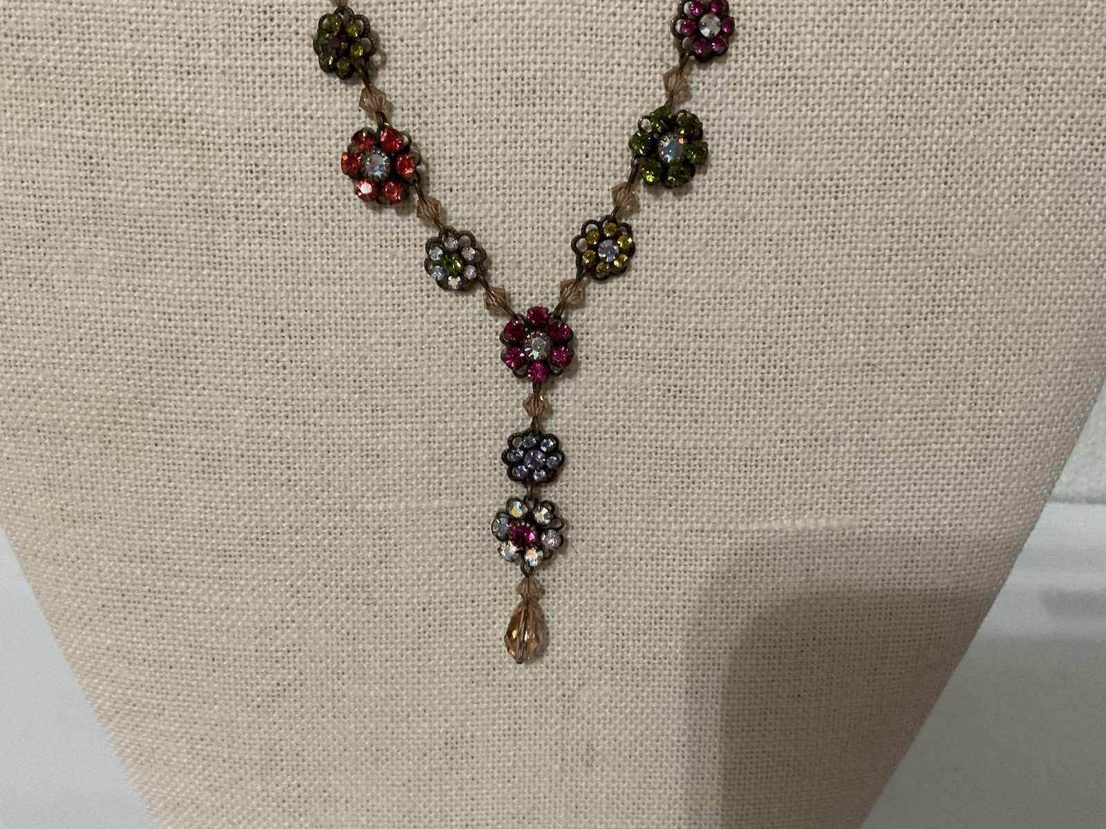 Liz Palacios Necklace Crystal Flowers Assorted Colors “Y” necklace Brass