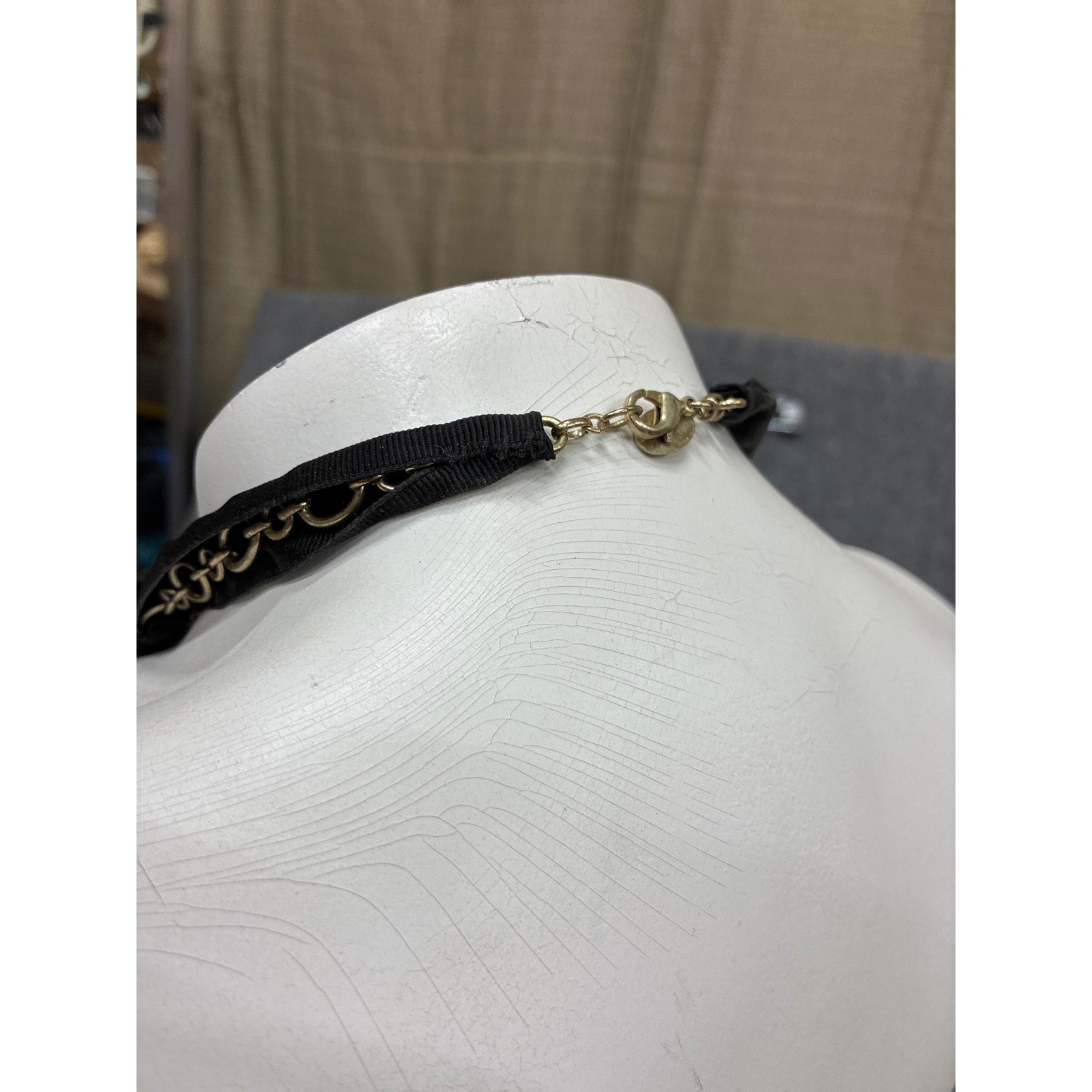 Gold Tone Crystal Statement Bib Necklace Black Ribbon Tie Adjustable Glamour