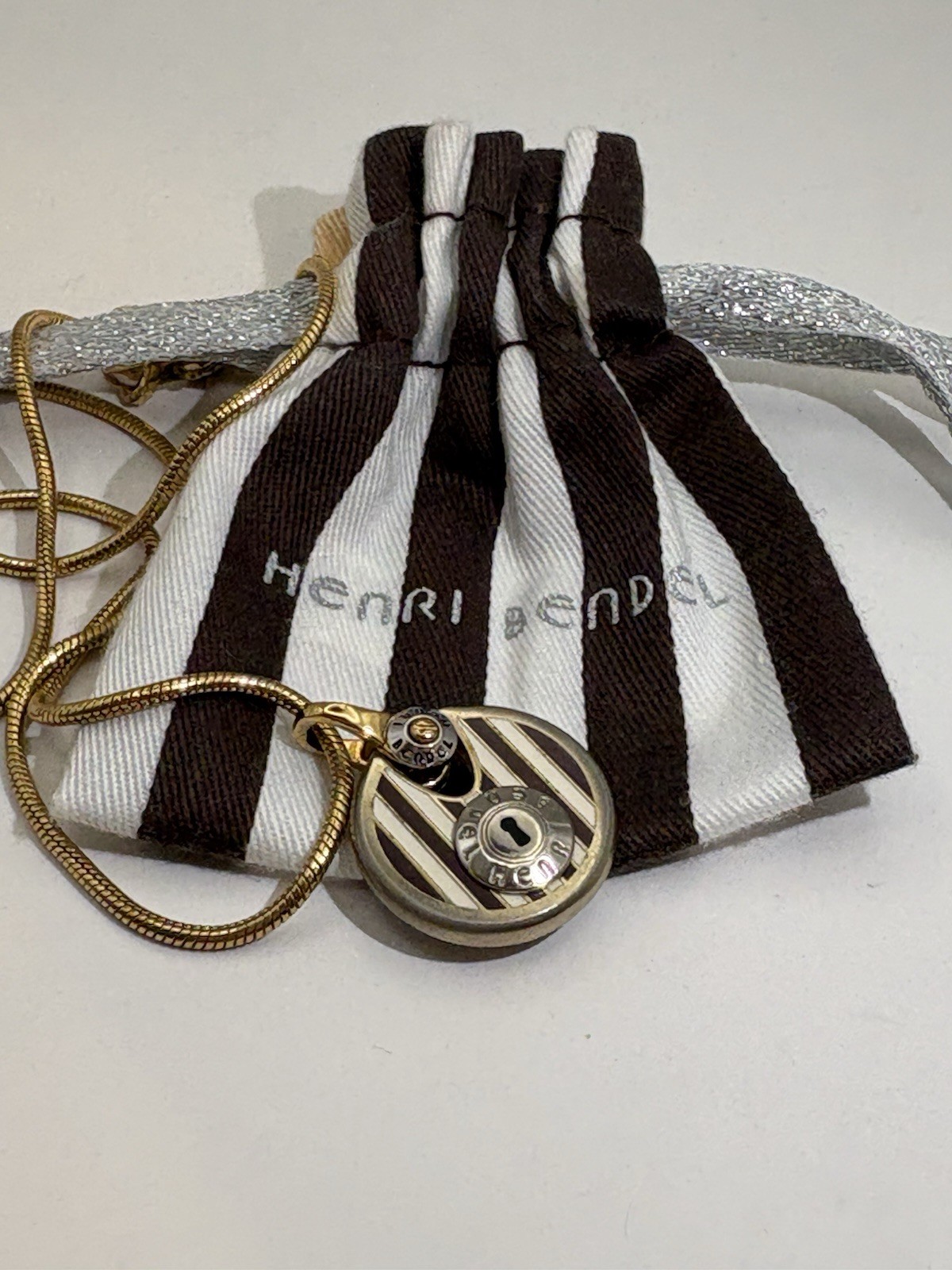 Henri Bendel Lock Pendant Necklace Brown White Stripe Gold Tone Snake Chain