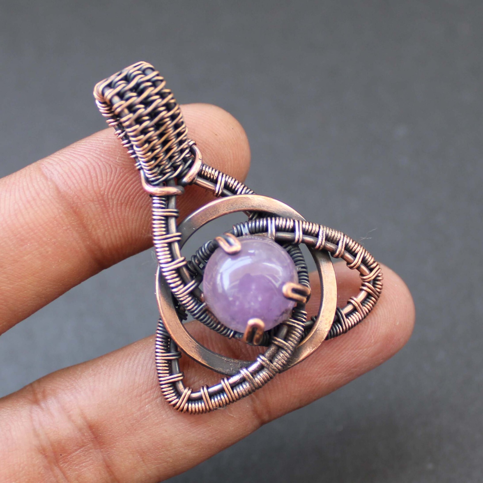 Amethyst Triquetra Circle Copper Wire Wrapped Pendant Celtic Knot Star Pendant