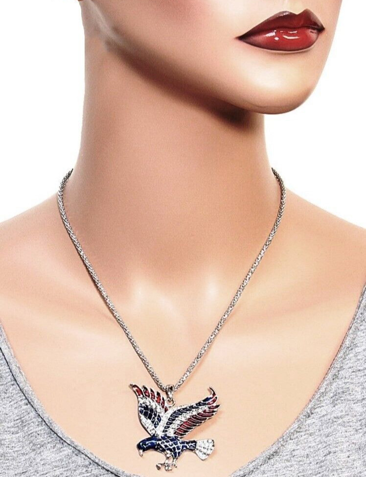 Silvertone Eagle Pendant Necklace American Flag Color Enameled 24″ Chain