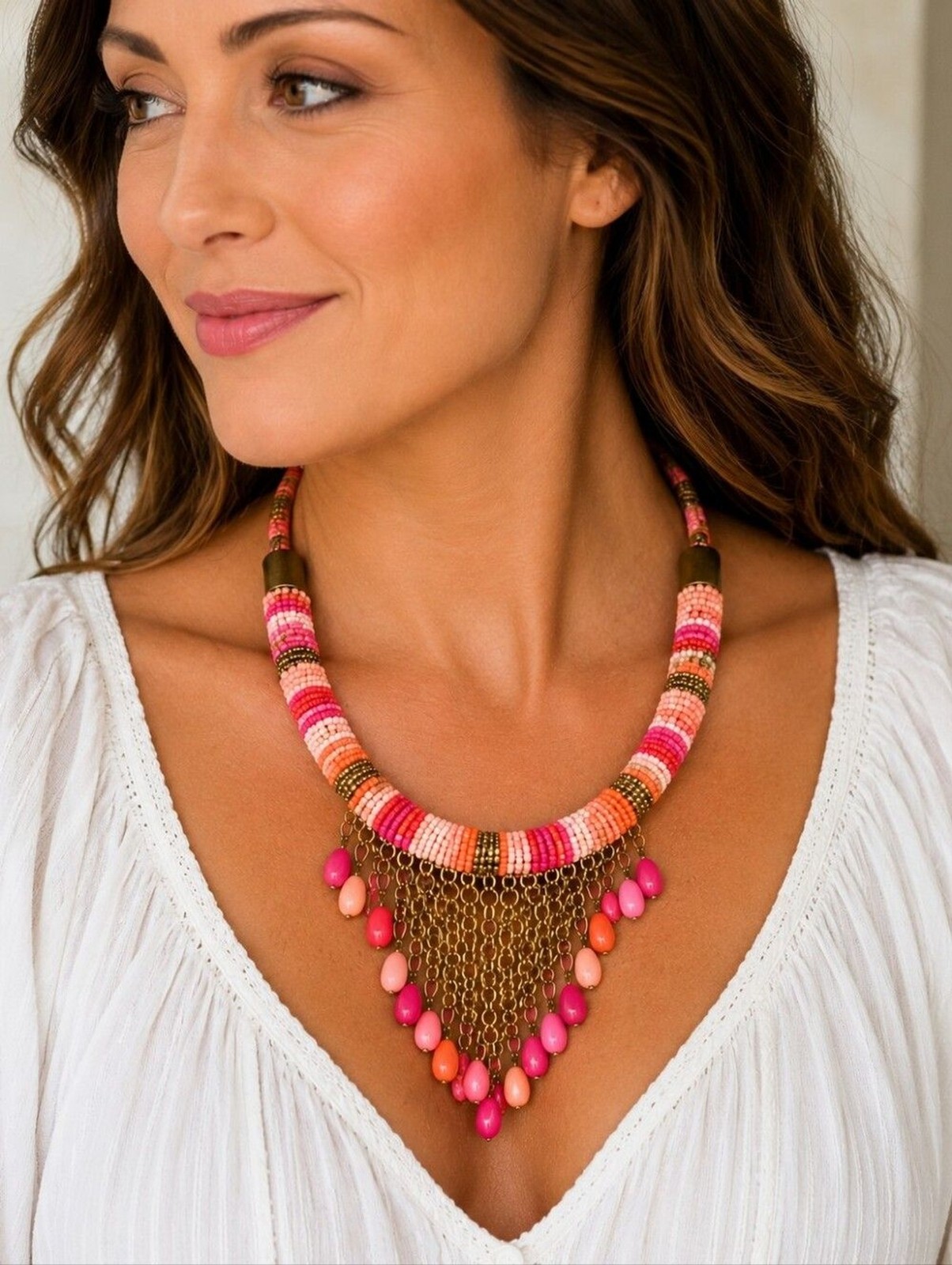 Vintage Boho Statement Bib Necklace Pink Coral Seed Bead Bronze Chain Fringe 16″