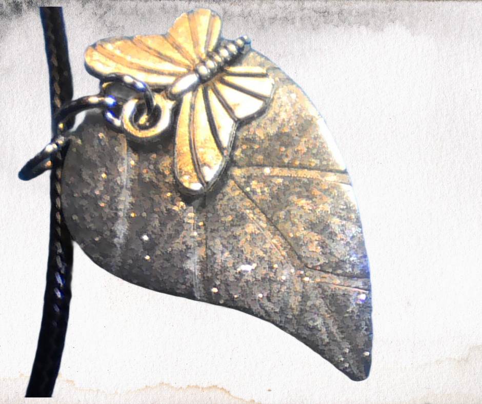 Handmade Leaf Resin Pendant Necklace Silver Butterfly Charm Black Cord 18″