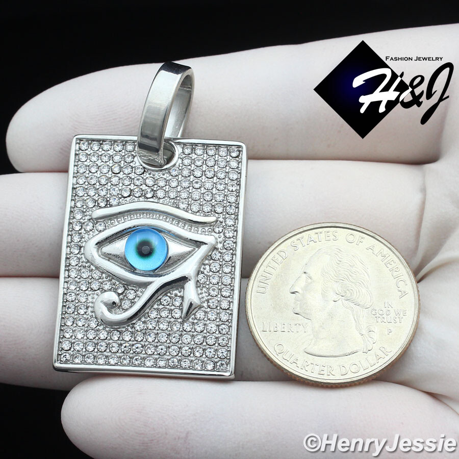 MEN’s Stainless Steel Silver Icy Bling CZ Blue Eye Dog Tag Pendant*P136