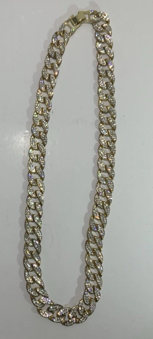 Cuban Link Ice Out Cubic Zirconia 11” Statement Necklace Hip Hop Rap Gold Tone