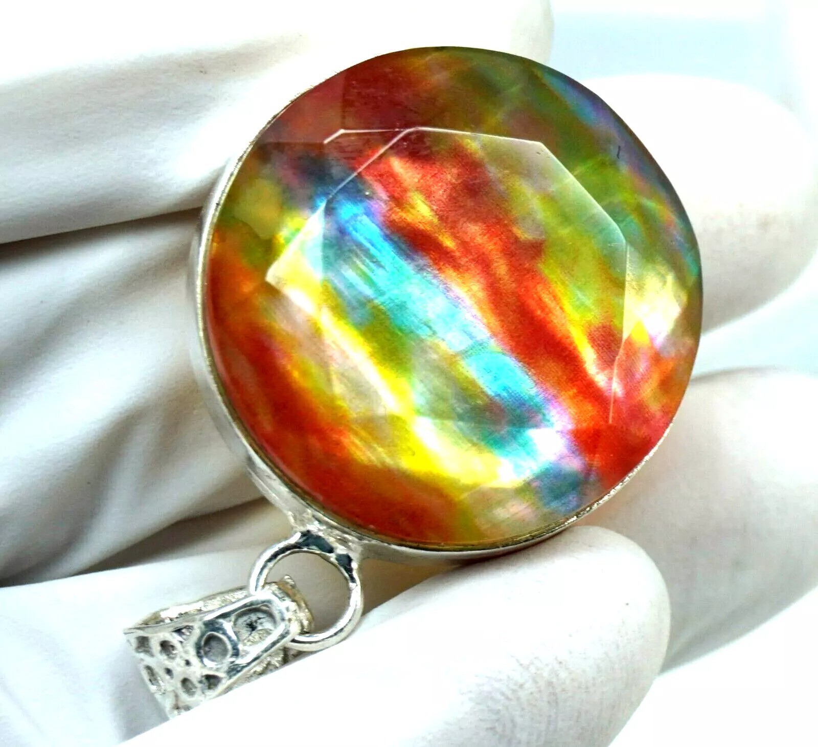 Ammolite Natural 92.56 Ct 925 Solid Silver Pendant Round Cut Loose Gemstone