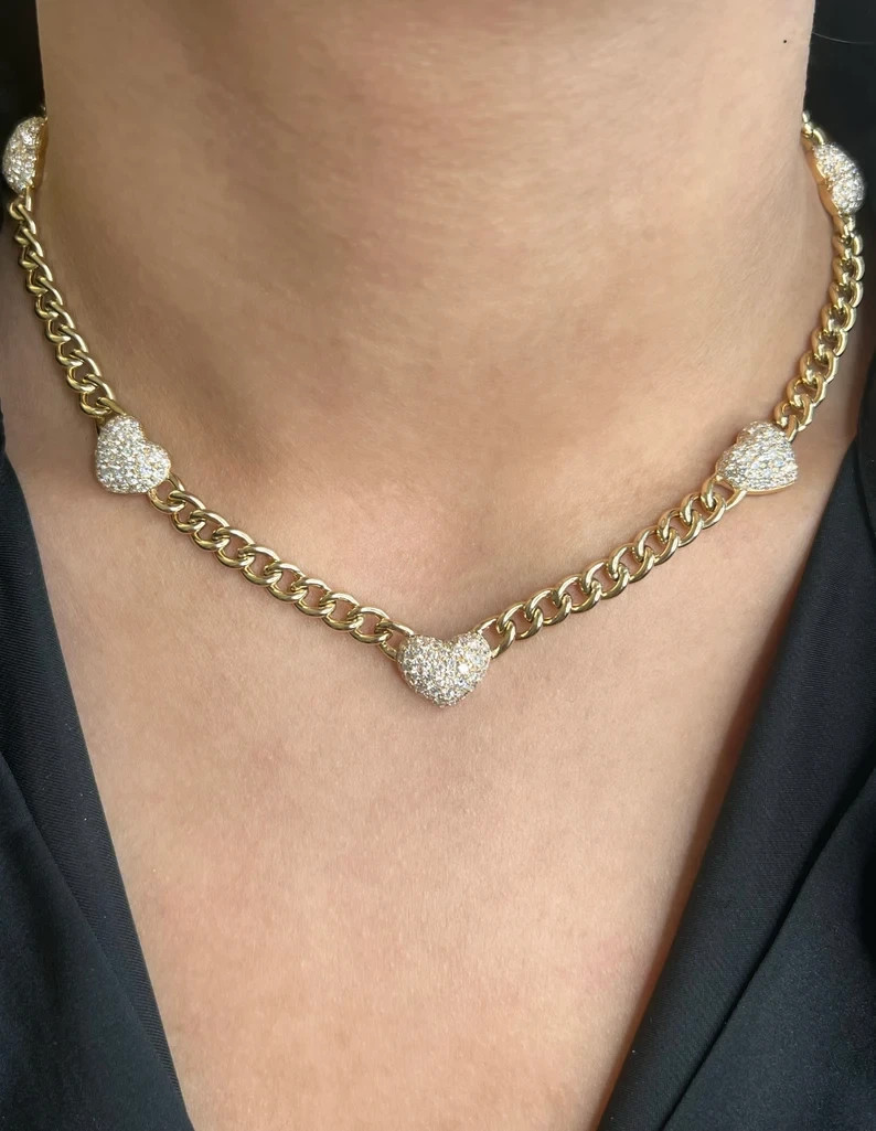 Gold Tone Heart Chain Necklace with CZ Pave Heart Charm Women’s Statement Jewel