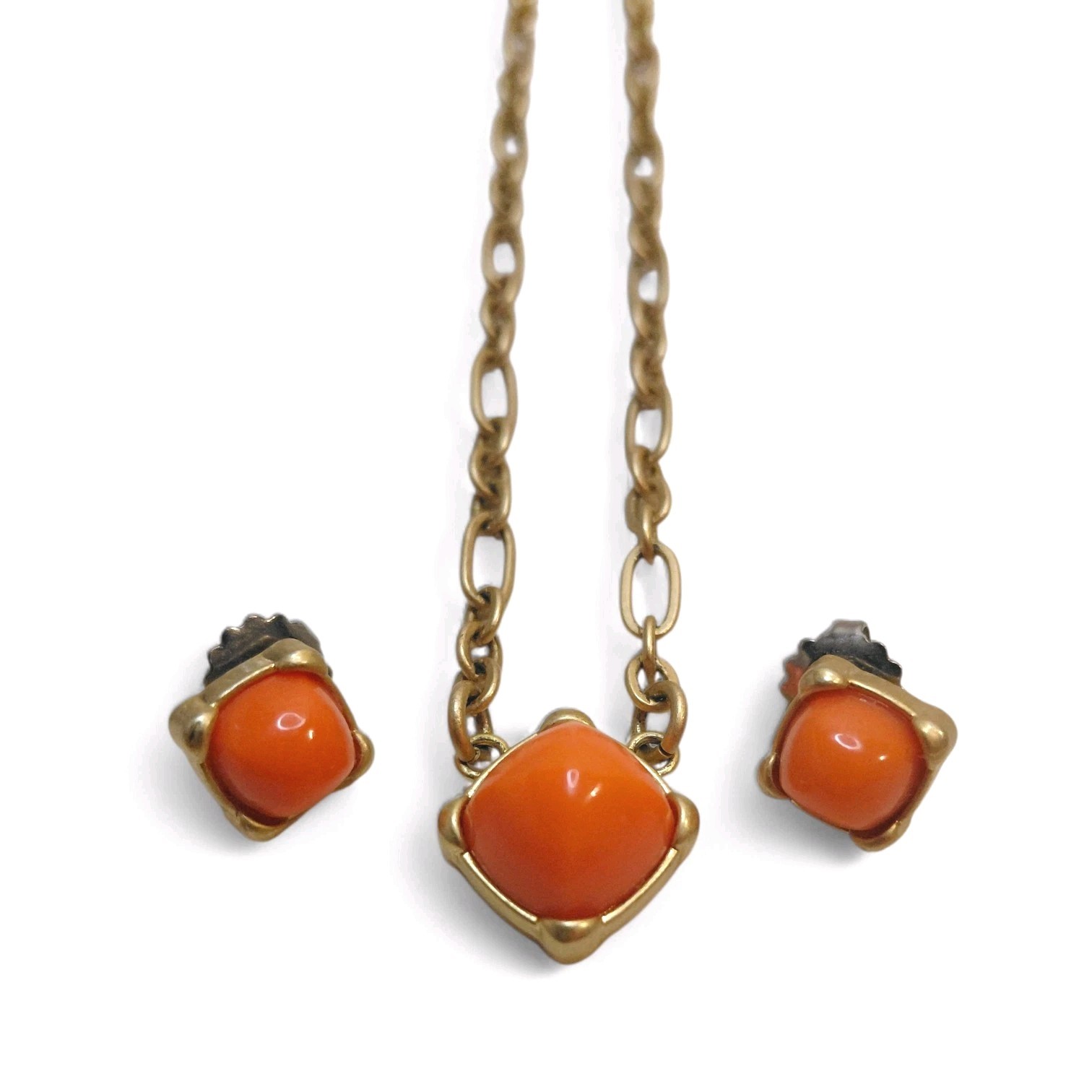 Vintage Lia Sophia Coral Orange Gold Tone Stud Earrings & Oval Chain Necklace