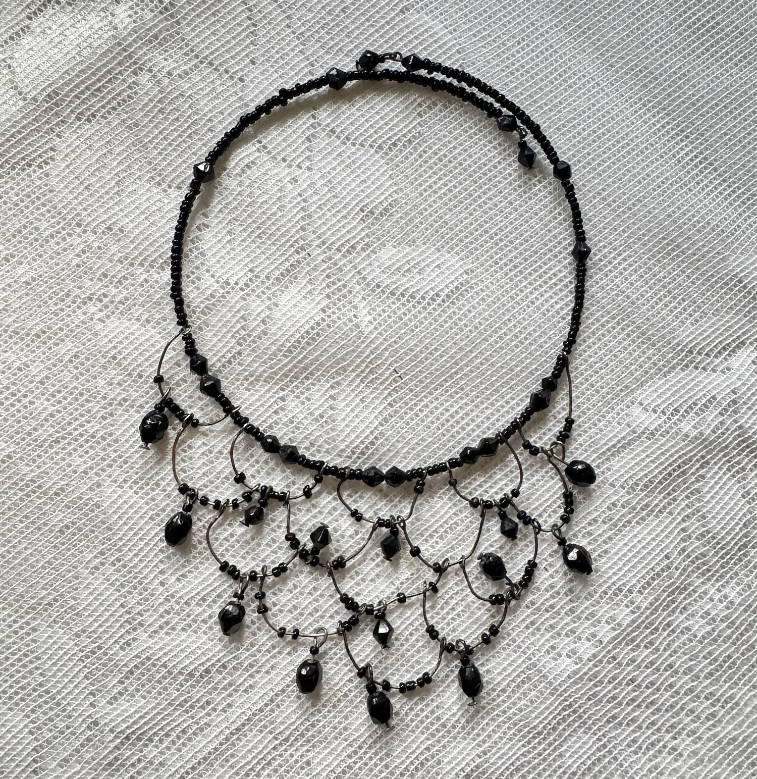 Y2K Vintage Black Beaded Bib Choker Necklace Statement Adjustable No Clasp Goth