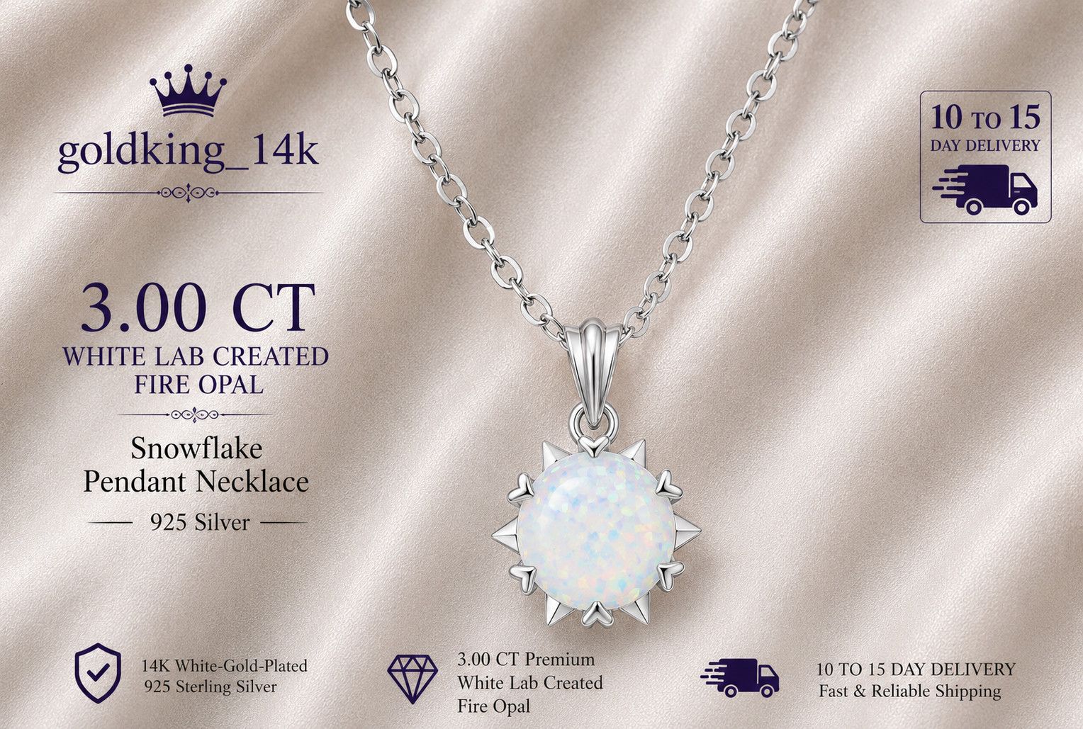 3Ct lab created fire opal Snowflake Pendant Necklace Women 14K White Gold Plated