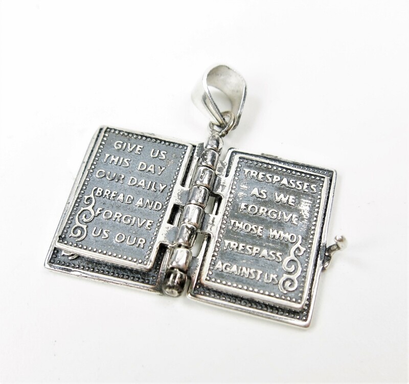 925 Sterling Silver Lord’s Prayer Holy Bible Open Pages Locket Charm Pendant