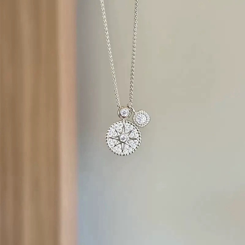 Women Girls 925 Sterling Silver Compass Necklace,CZ Star Pendant 045