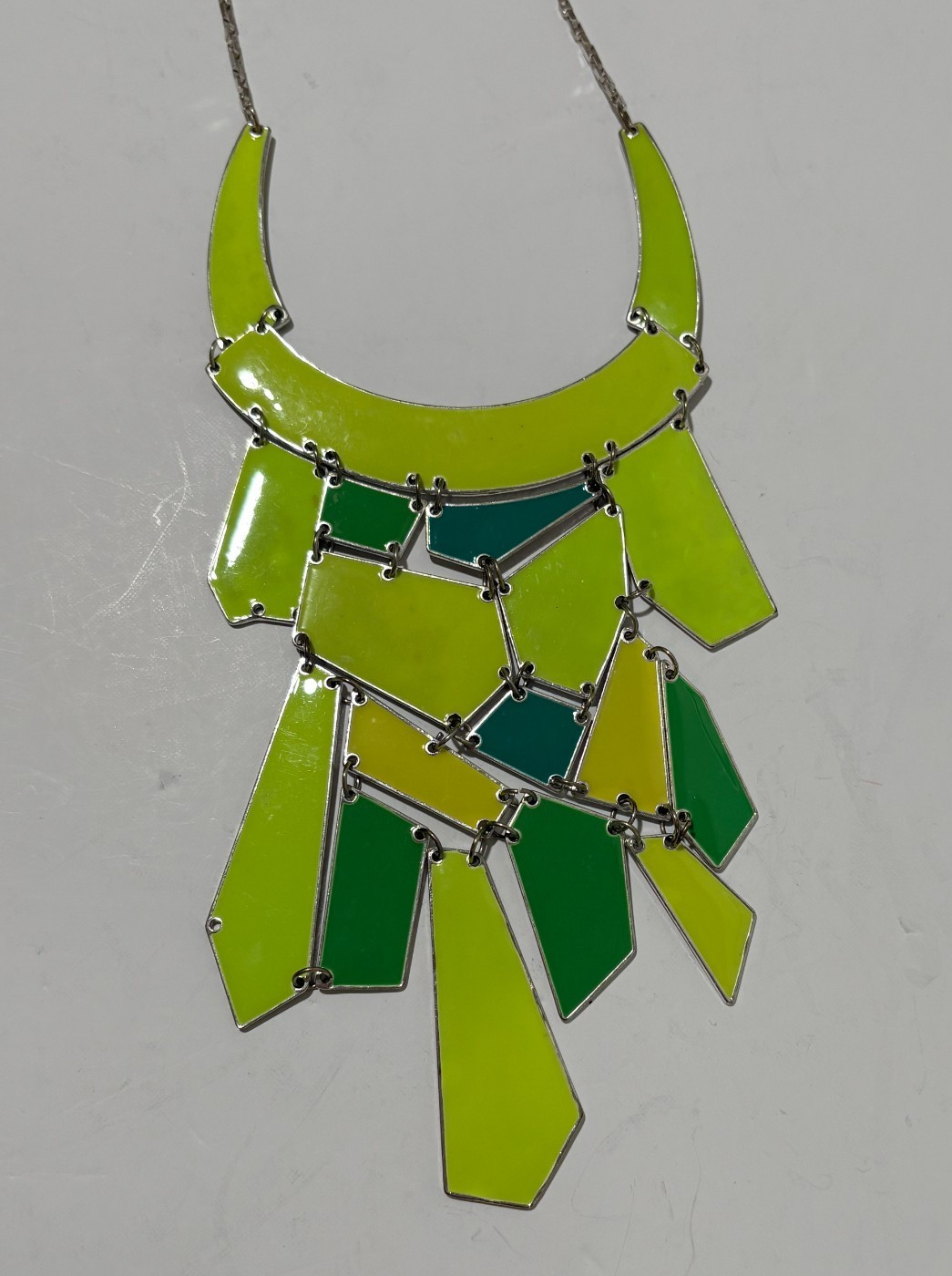 Lime Green Enamel Geometric Bib Statement Necklace Silver Tone Articulated