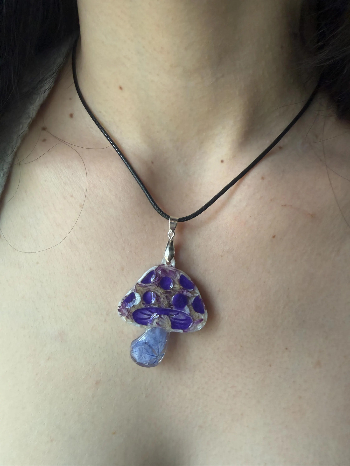 Purple Mushroom Resin Necklace | Real Flower Toadstool | Black Cord Chain
