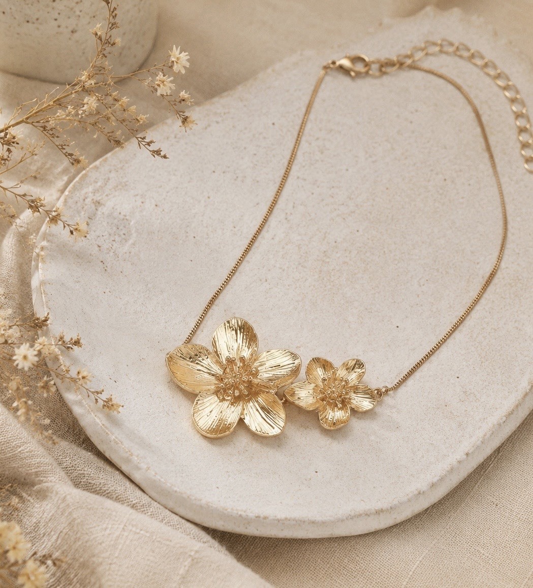 Gold Tone Floral Choker Necklace Adjustable Statement Necklace