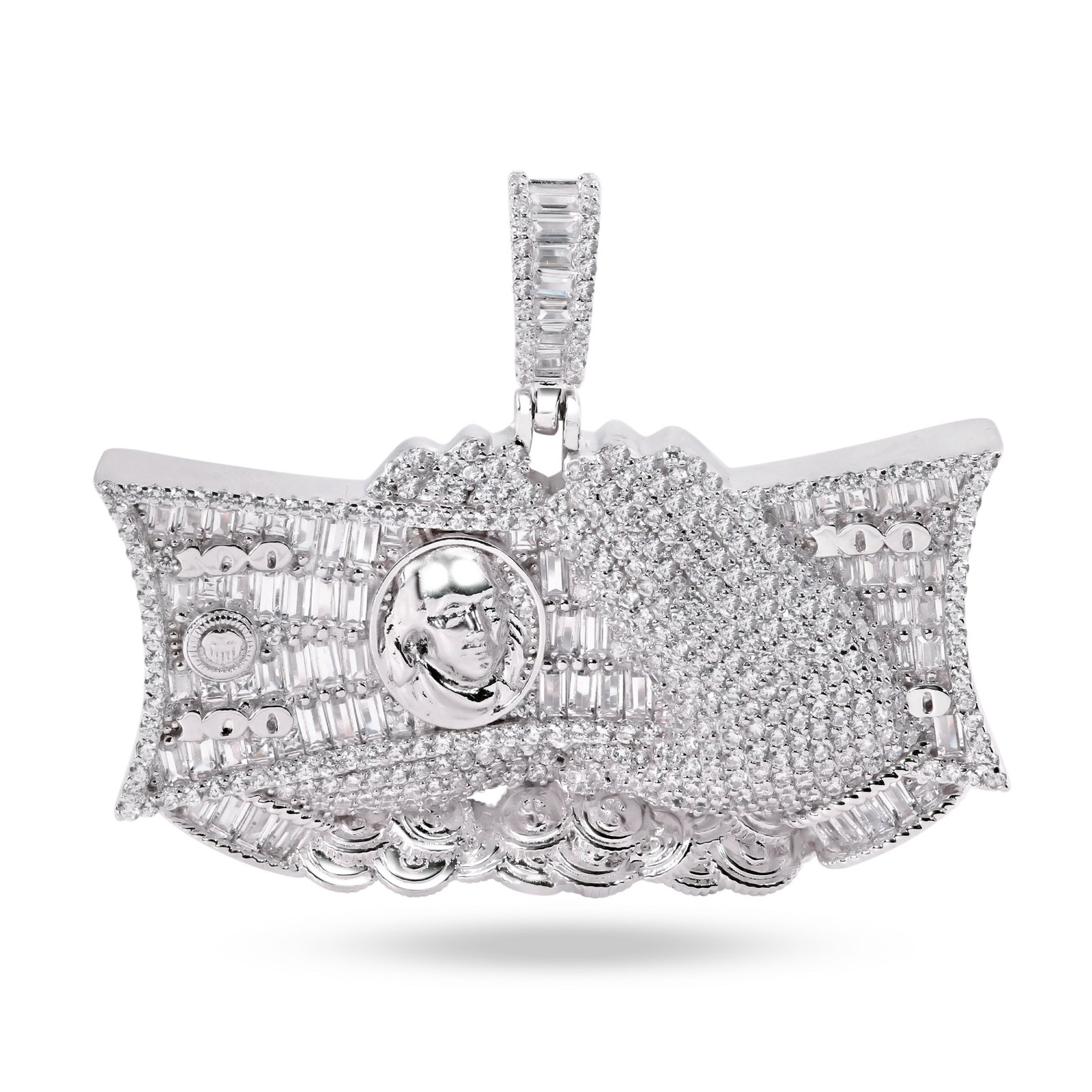 Rhodium Plated 925 Sterling Silver Dollar Bill Cash Money CZ Franklin $ Pendant