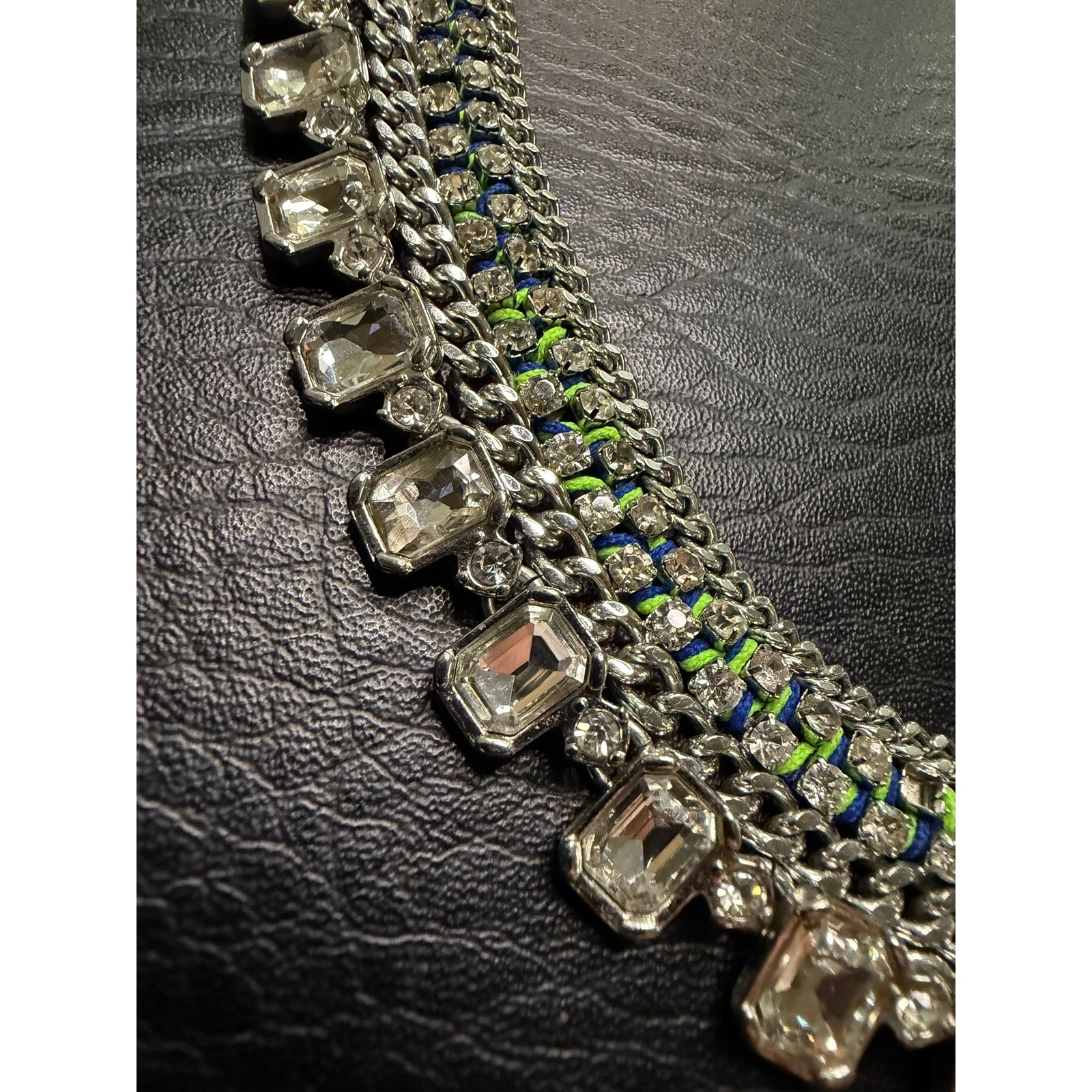 Ann Taylor Silver Tone Crystal Statement Bib Necklace Green Woven Cord Toggle
