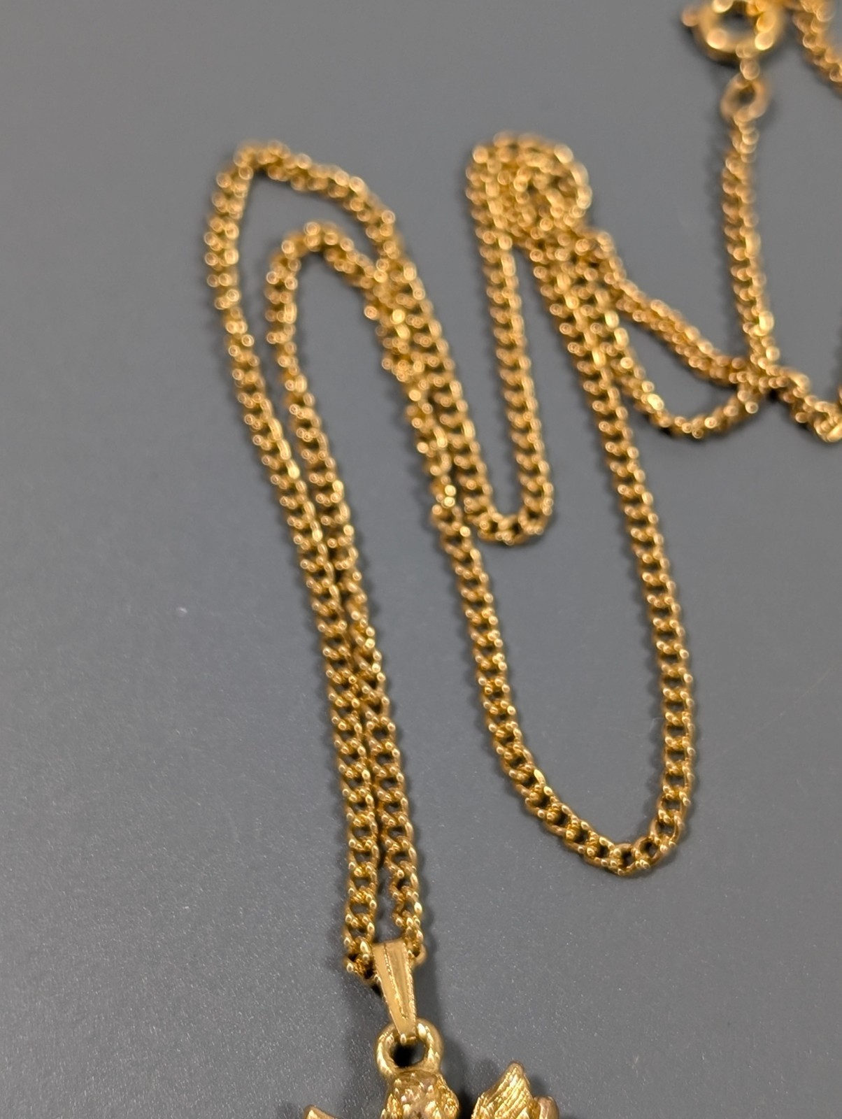Vintage Gold Tone Bowling Angel Clear Rhinestone Birthstone Necklace 18 in