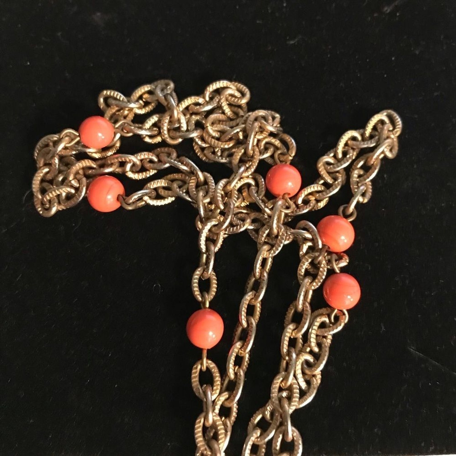Vintage Coral Stone Long Chain Gold Tone 1960s Necklace Orange & Gold