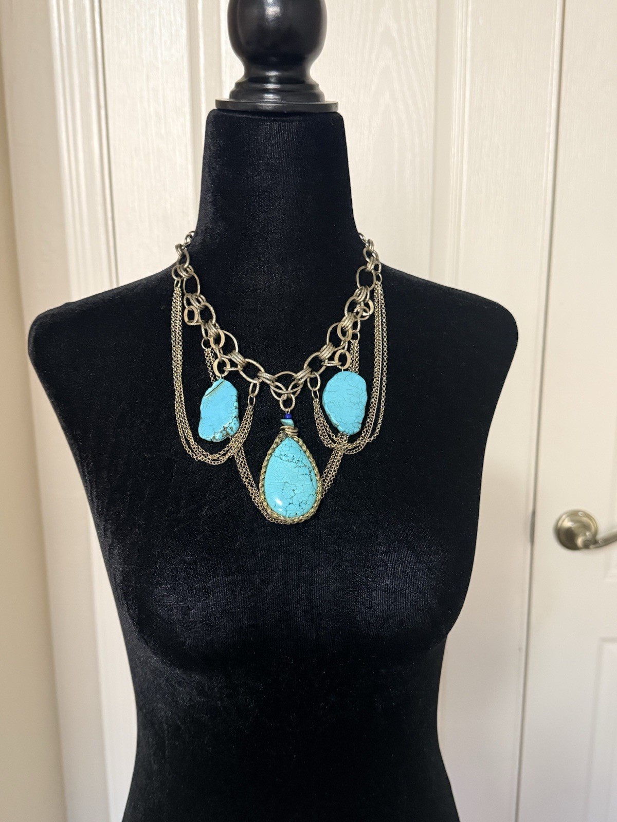 Boho Turquoise Statement Necklace Gold Tone Layered Chain Bib Necklace