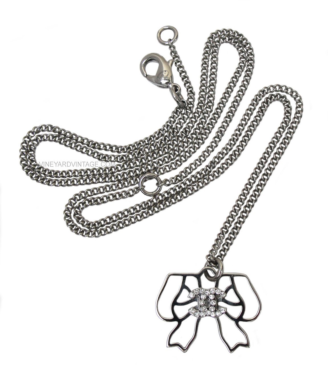 CHANEL AUTHENTIC OPEN WORK BOW & CRYSTAL CC LOGO NECKLACE