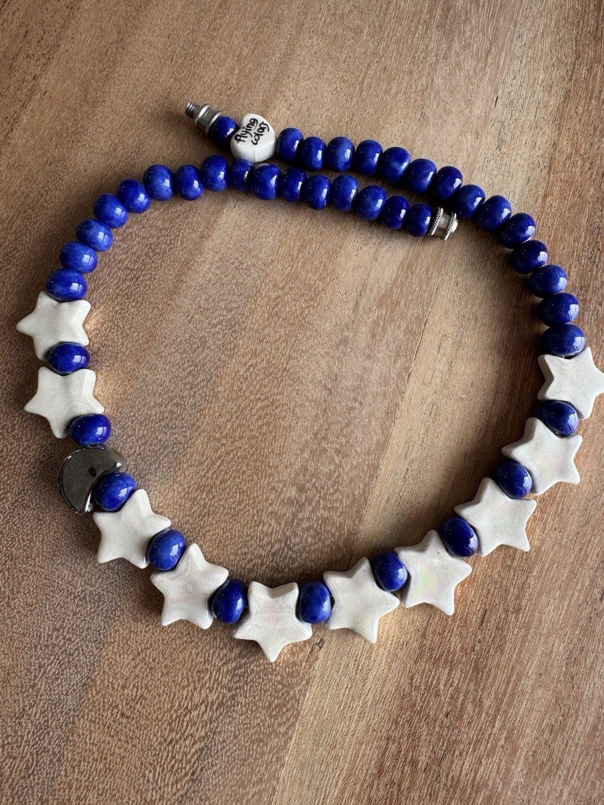Vintage ‘Flying Colors’ Beaded Necklace Blue White Star Pendant Screw Closure