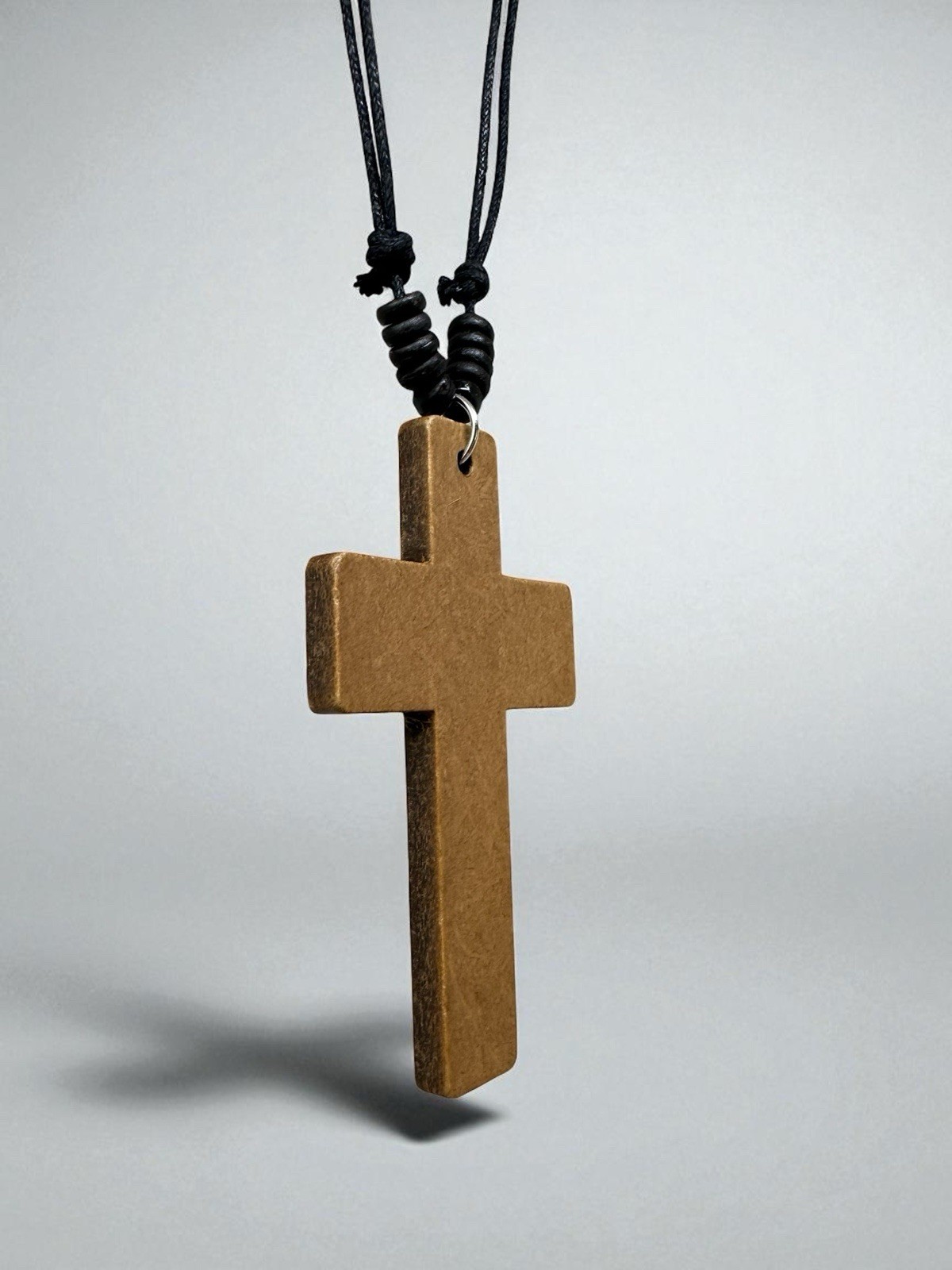 Wooden Cross Necklace 3in Brown Pendant Adjustable 16‑30in Sliding Knots Unisex
