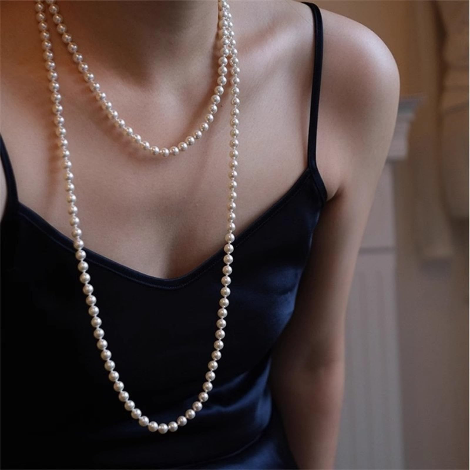 Long Pearl Necklaces for ,Vintage Elegant Faux White Pearl Multi Strand Layer…