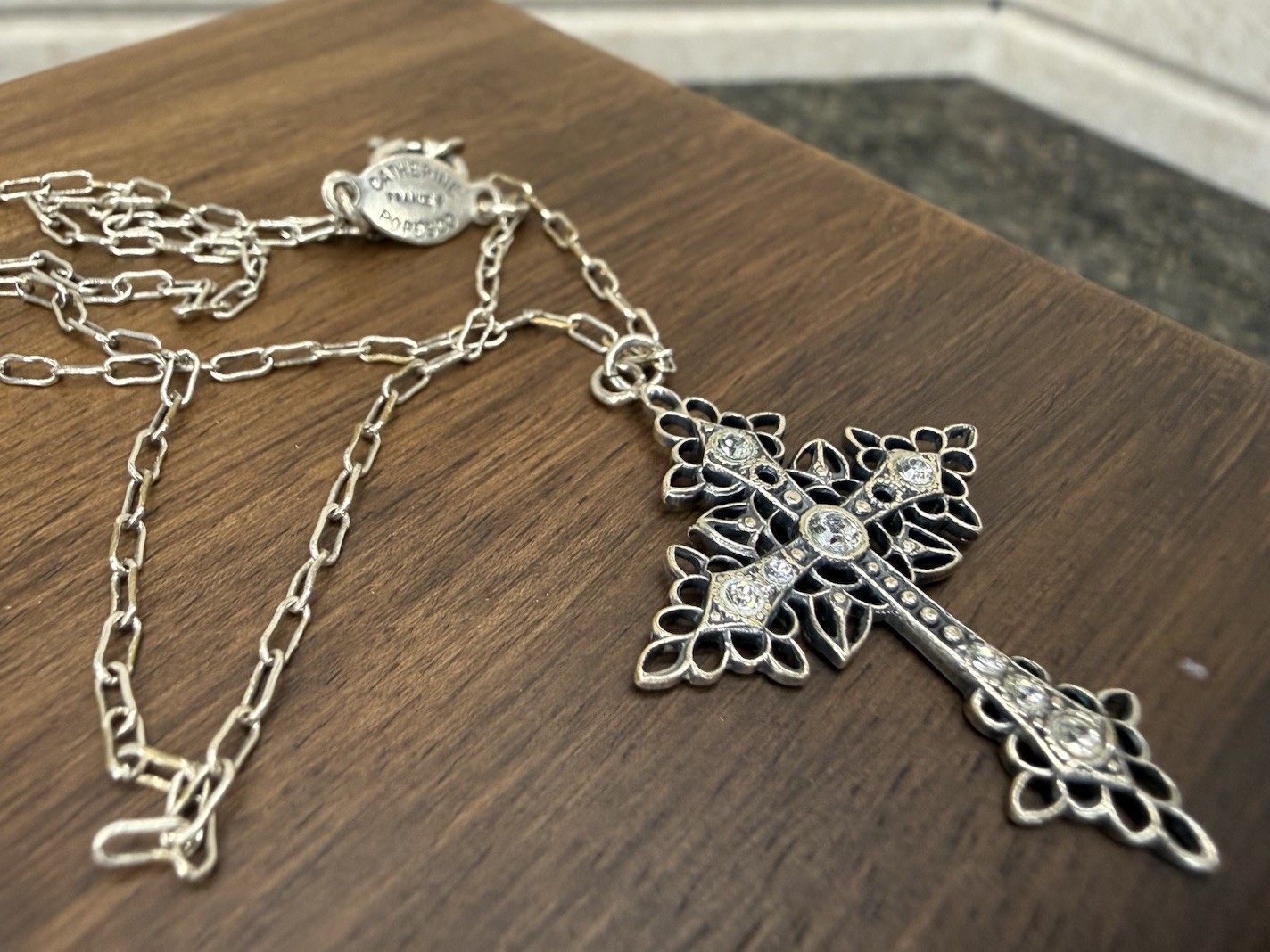 Catherine Popesco France Rhinestones Filigree Cross Necklace 16”