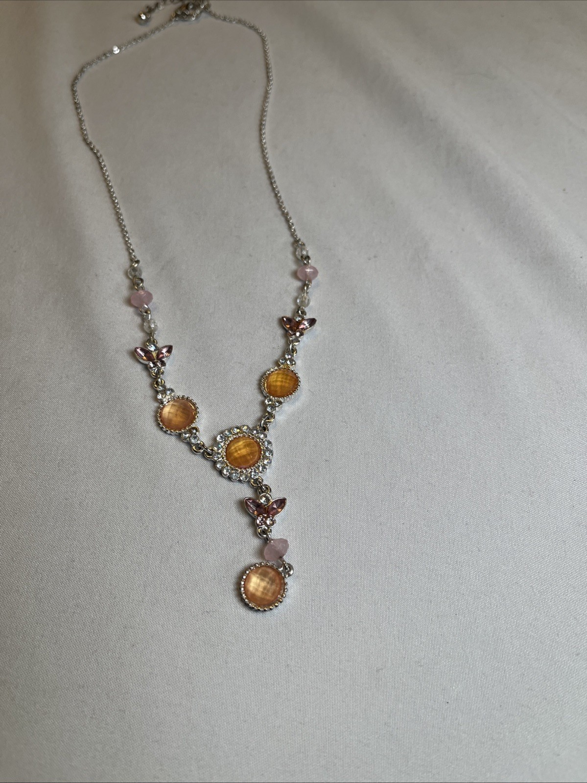 Y Drop Rhinestone Necklace Amber Topez Silver Tone Color Y2K