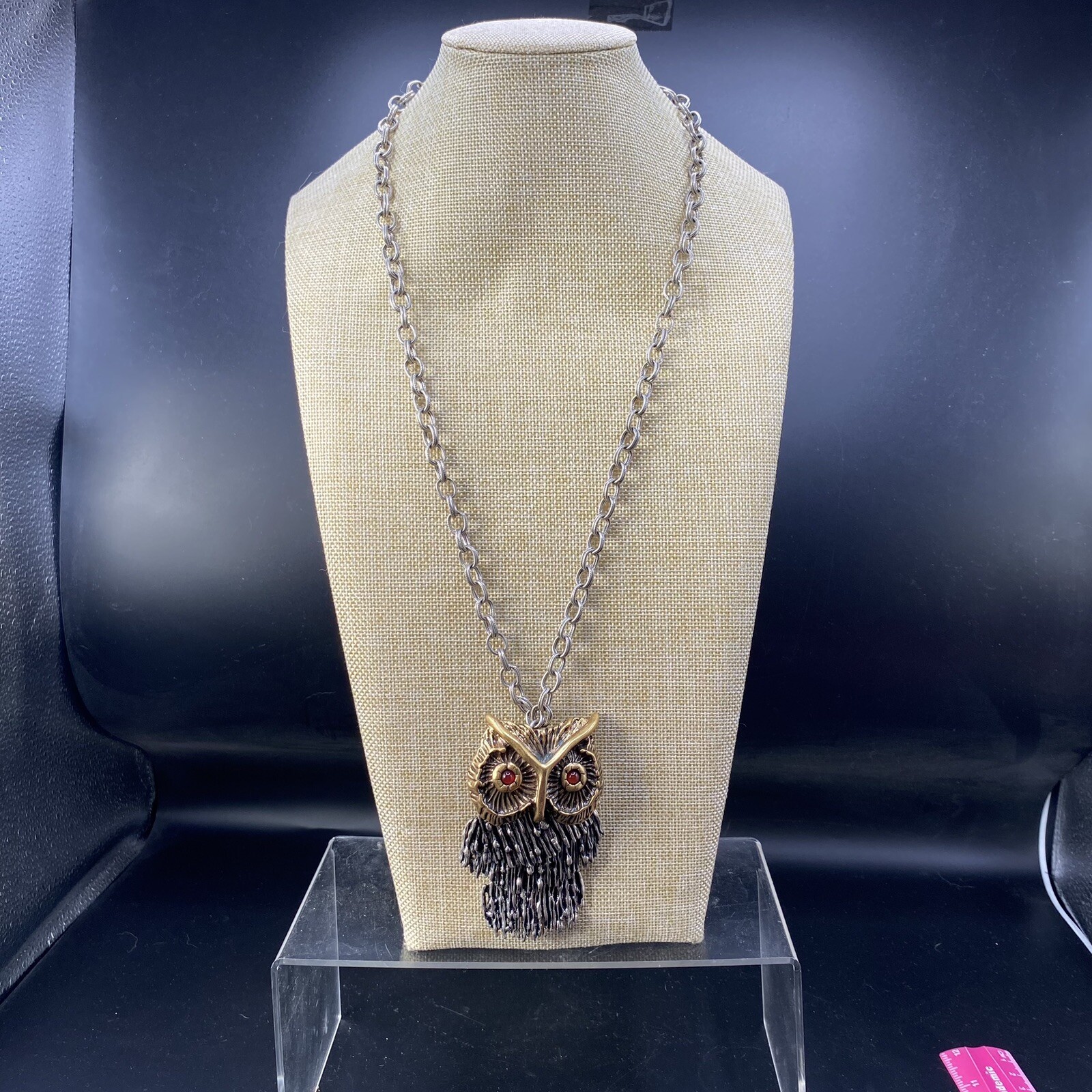 Lucky Brand Owl Necklace Huge Metal 26” Chain Lobster Claw Statement Pc 3.75”