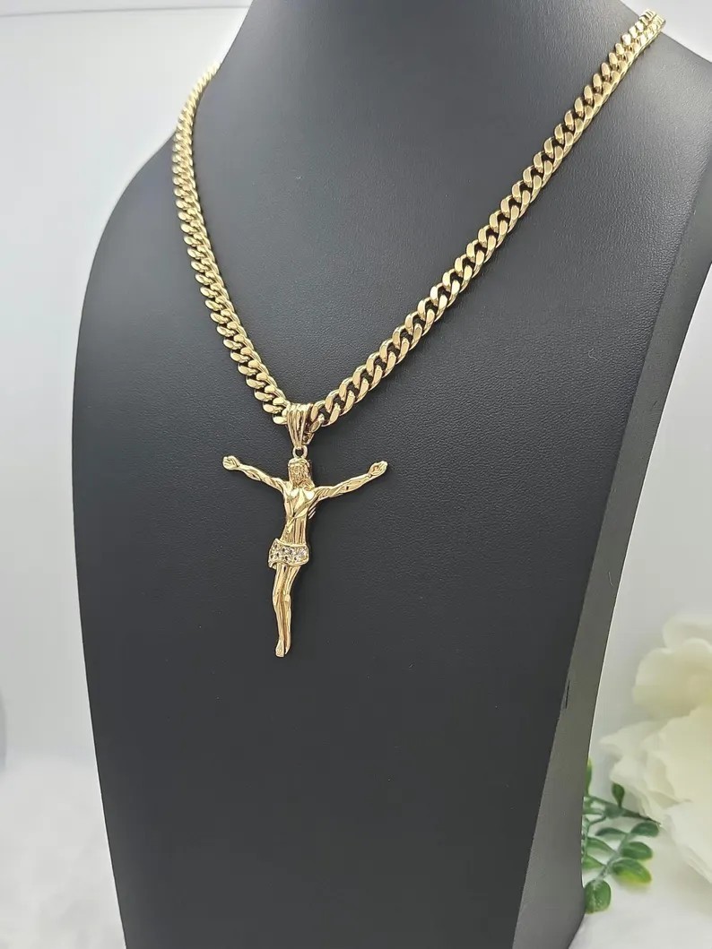 14k Heavy Plated Gold Crucifix Necklace: Men’s 7mm Cuban Link CZ Pendant