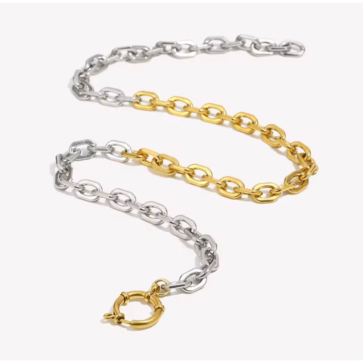 Two Tone Chunky Chain Link Necklace Gold Silver Mixed Metal Sailor Clasp Choker