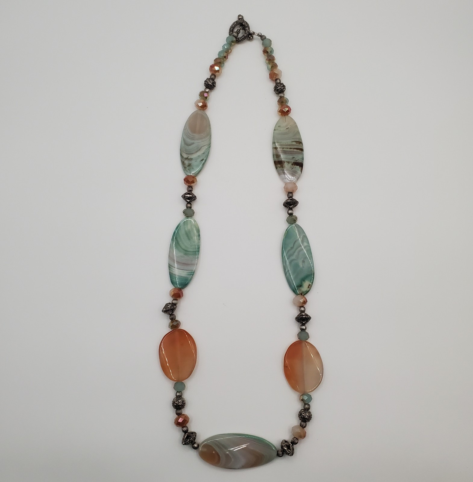Banded Agate Stone Necklace 32in Peach Aqua Green Brown Polished Natural Beads