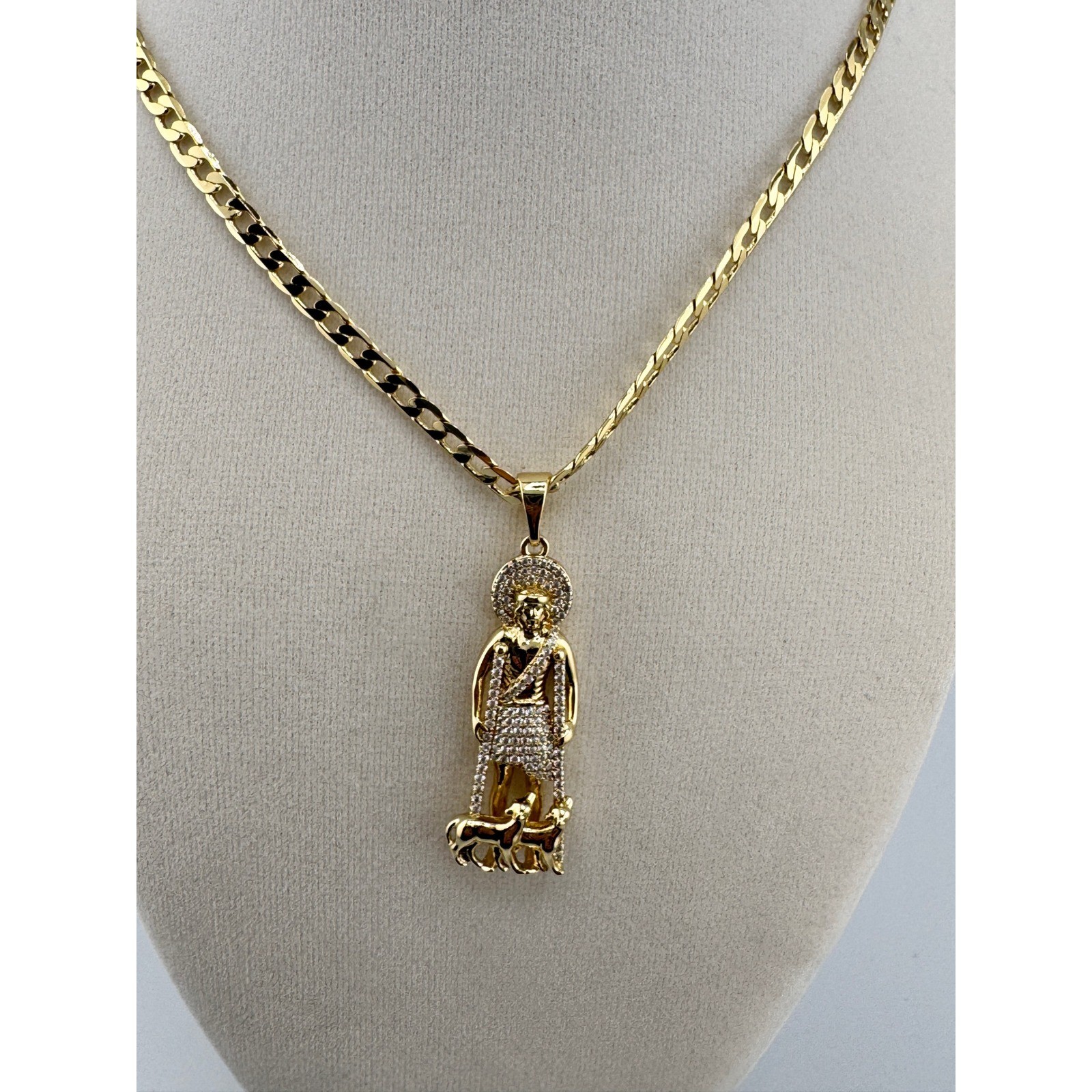 San Lazaro Pendant 14k Gold Plated 24 Inch Curb Chain Necklace Saint Lazarus CZ