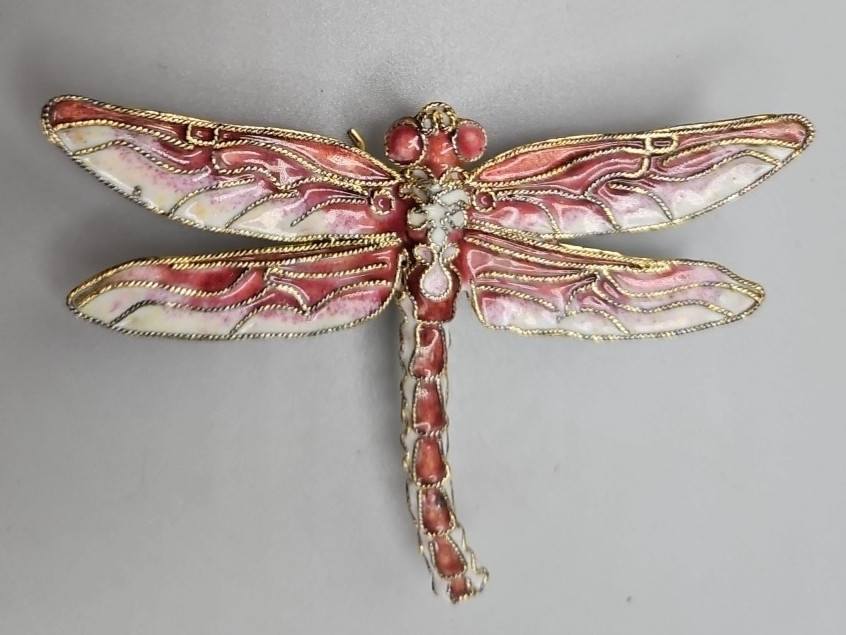 Pink Enamel Dragon Fly Pendant, 3.75″ across wings, 2.75″ head to tail. EUC P11