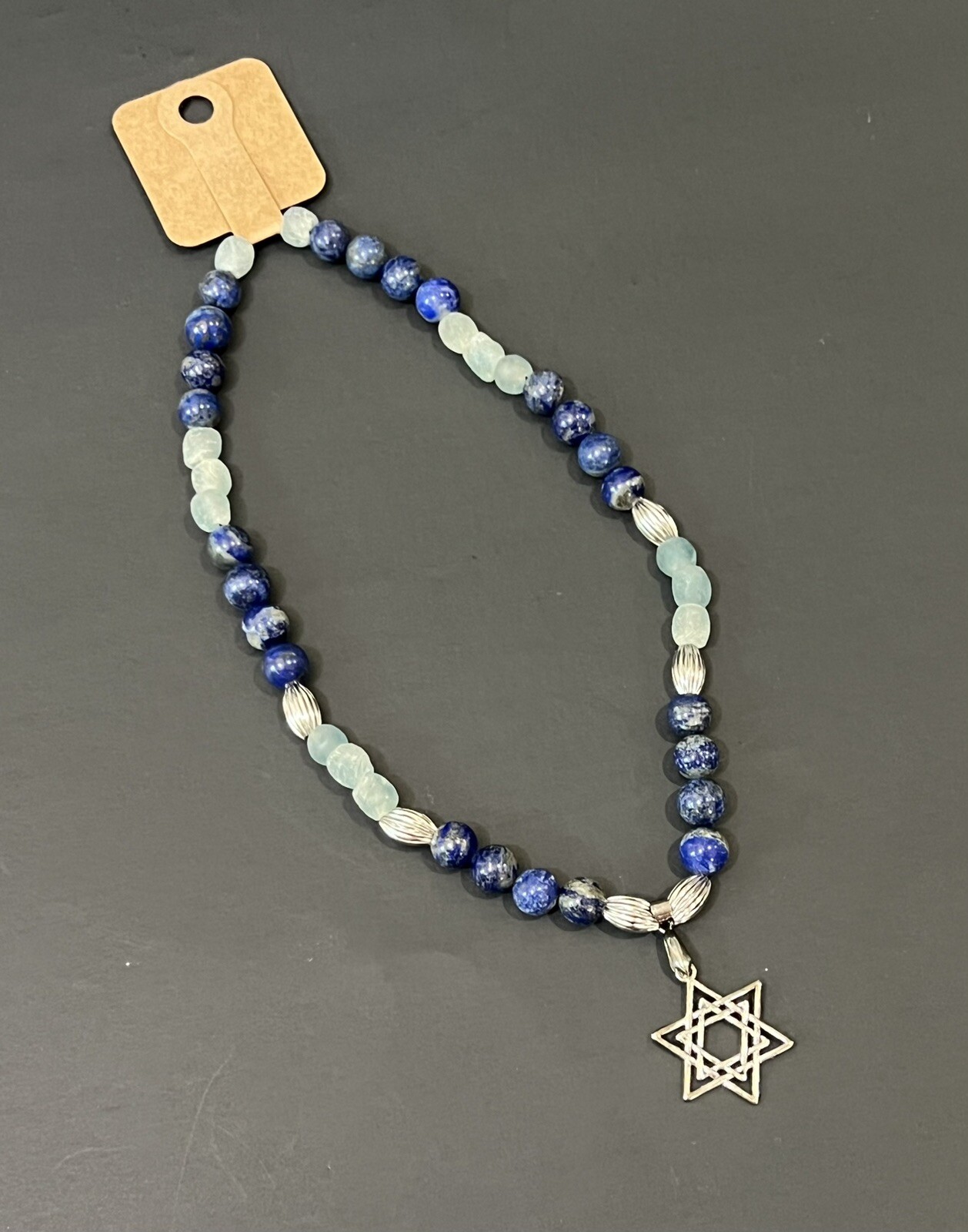 Handmade Jewish Star Of David Silver & Blue Beaded Elastic Chocker Necklace NEW