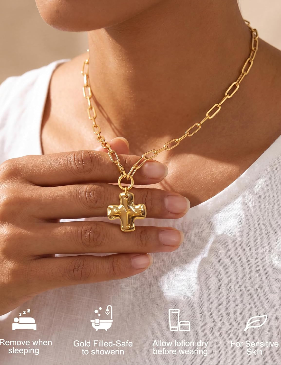 Gold Chunky Cross Necklace for Women Toggle Hammered Cross Chunky Necklaces | 14