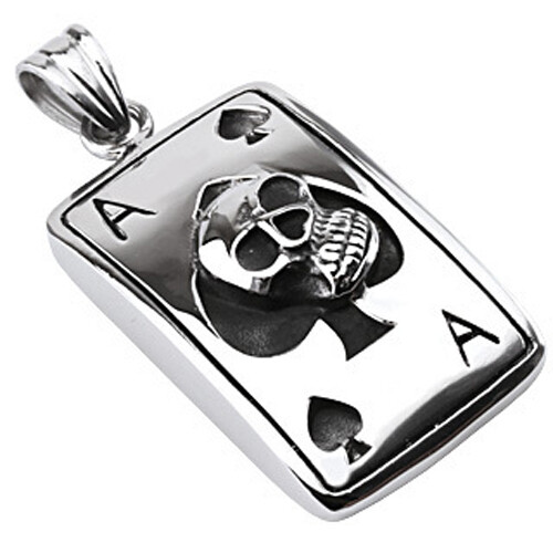 Stainless Steel Poker Ace of Spades and Skull Pendant w/ Necklace