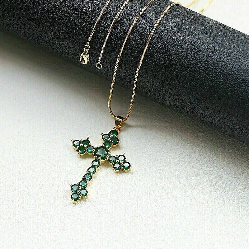 2Ct Round Cut Simulated Green Emerald Holy Cross Pendant 14K Yellow Gold Plated