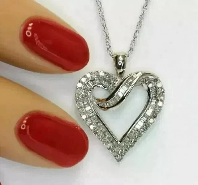 1.50 CT Baguette Simulated Diamond Heart Women Pendant 14K White Gold Plated