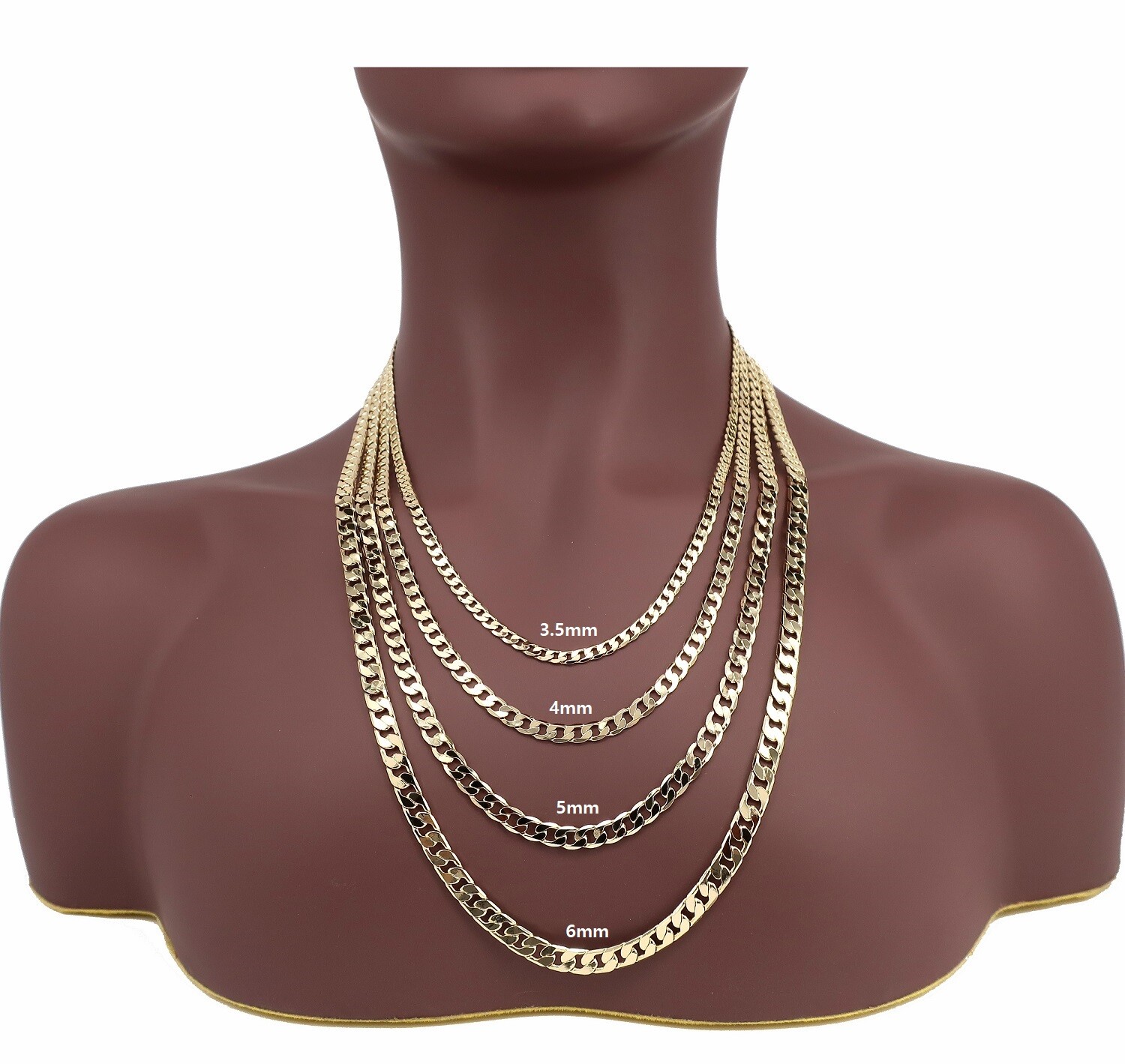 Yellow Flat Cuban link Chain Necklace Bracelet 3.5mm to 6mm 14K Gold Plated