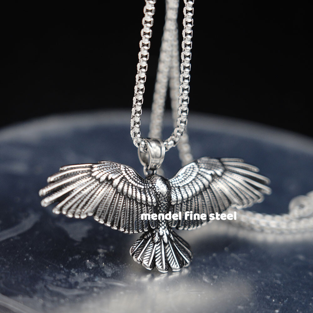 MENDEL Stainless Steel Mens Norse Viking Odin Raven Crow Biker Pendant Necklace