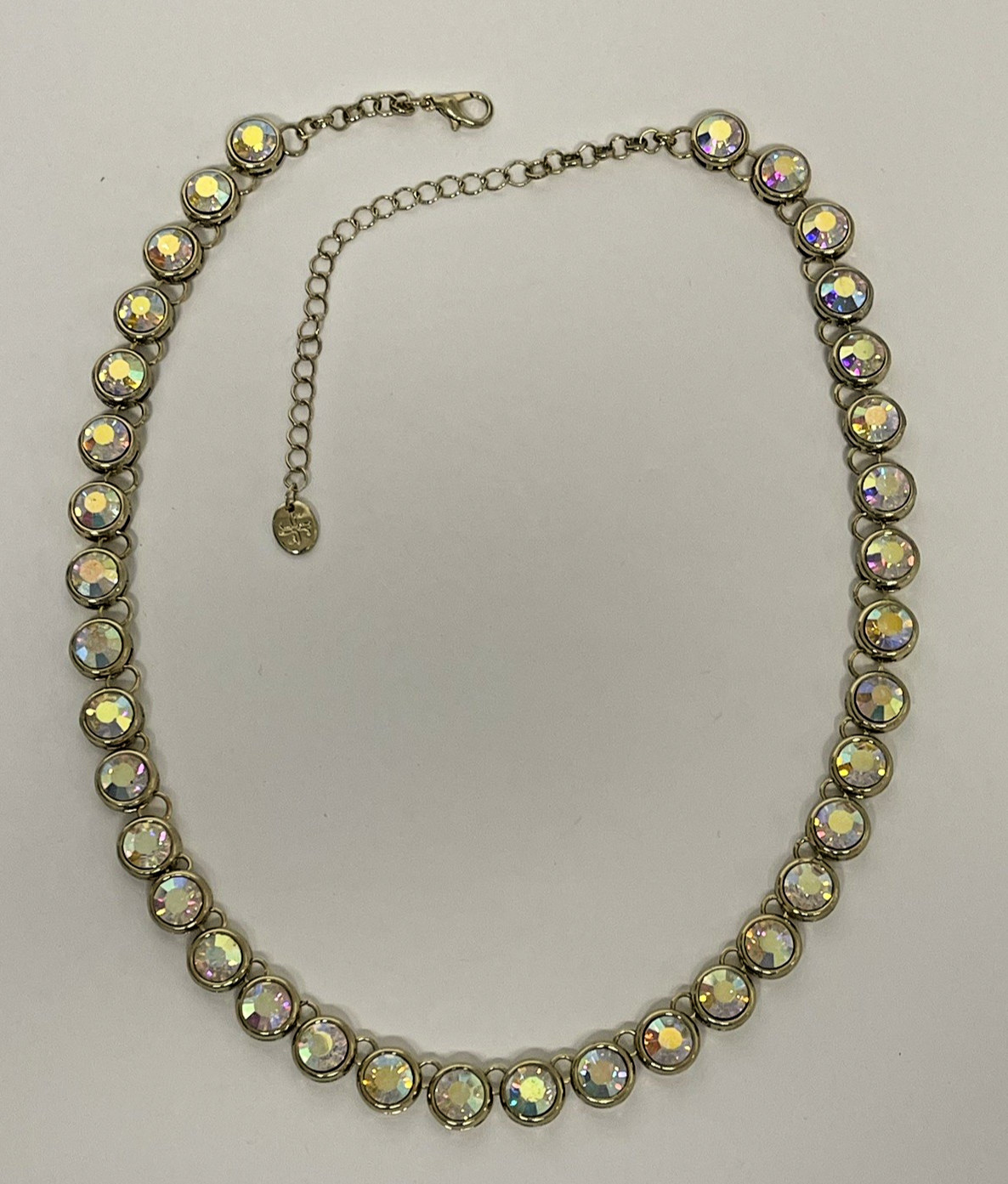 Claire’s Gold Tone Iridescent Aurora Borealis Rhinestone Necklace 16″ w/4″ ext.